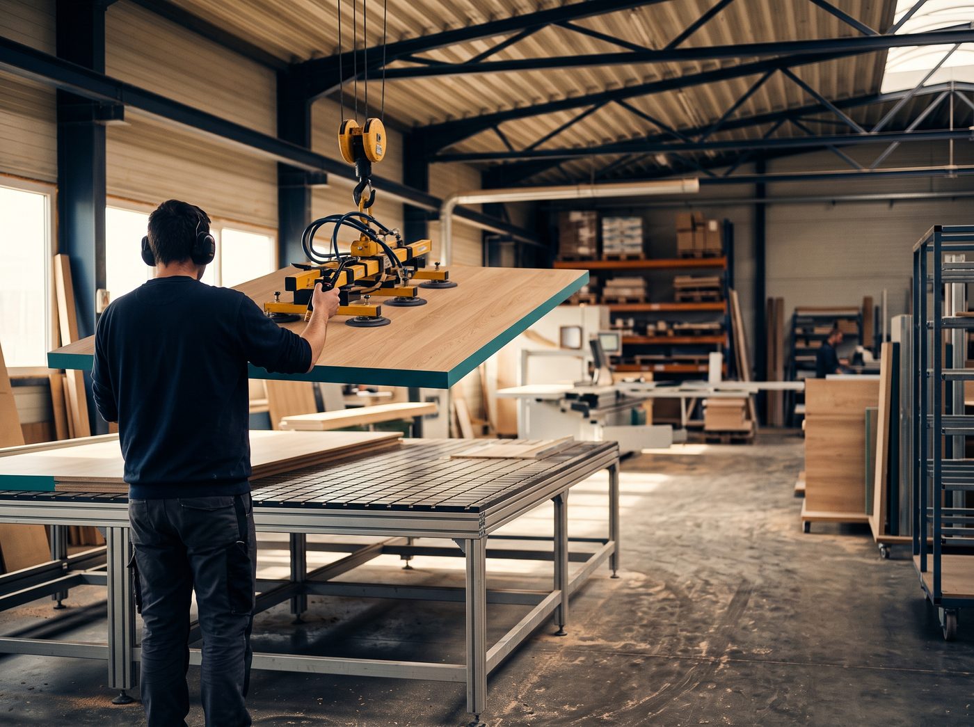 Mitarbeiter führt eine große Holzplatte mit einem Vakuumheber über einen Arbeitstisch in einer modernen Fertigungshalle